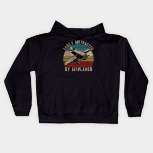 Easily Distracted By Airplanes Retro Airplane Funny Pilot Kids Hoodie